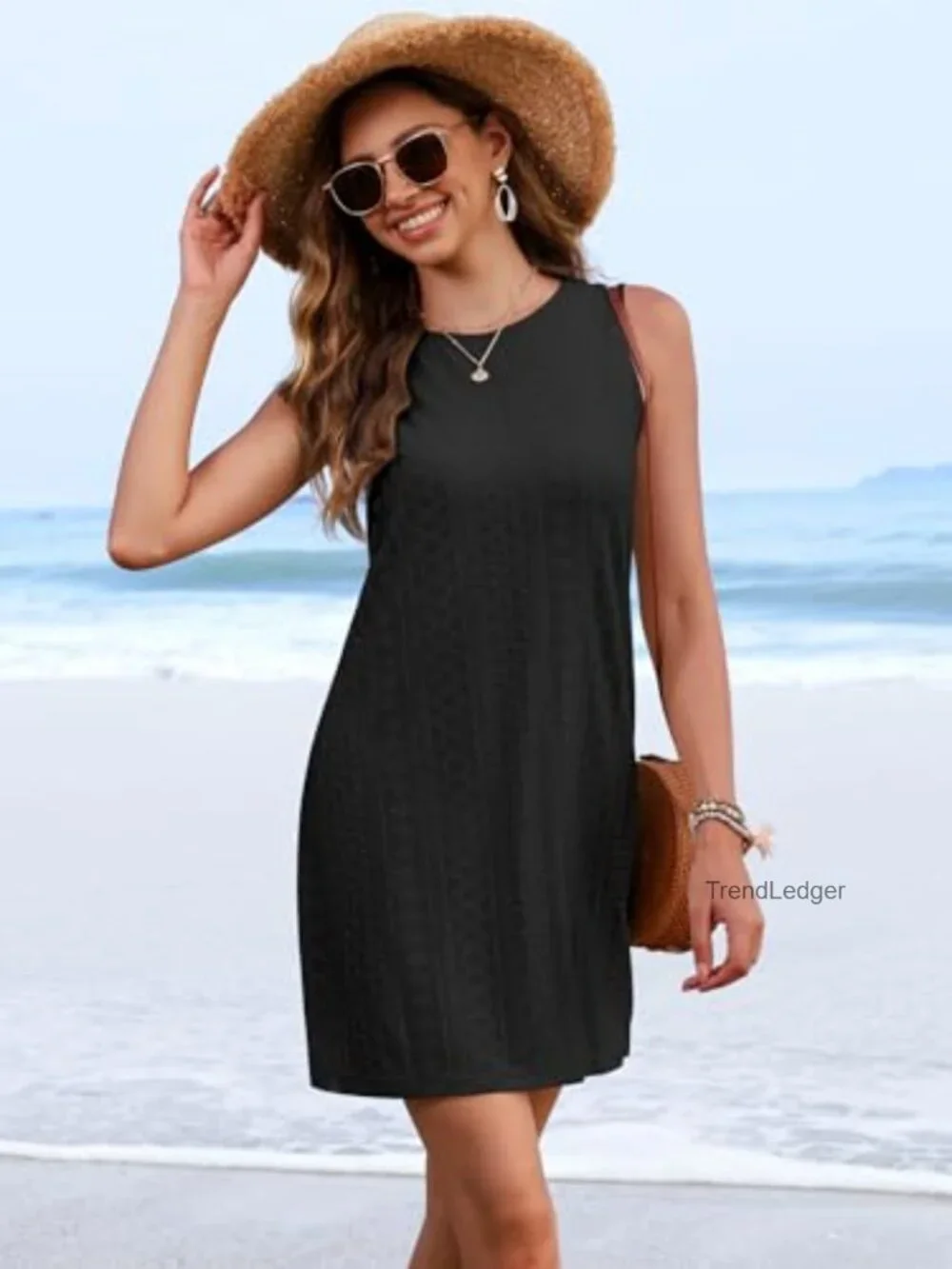 Eyelet Sleeveless Swing Beach Dress Cover Up Midi